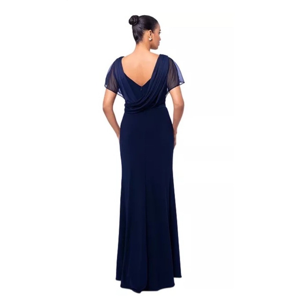 Betsy & Adam Navy Blue Draped-Mesh V-Neck Sheath Dress Sz 4 Mother of the Bride - Picture 2 of 14